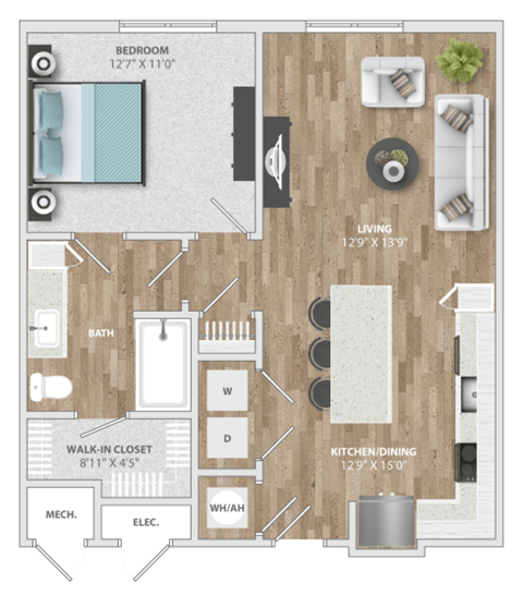 A floor plan of a small apartment with a bedroom, living room, kitchen, and bathroom.